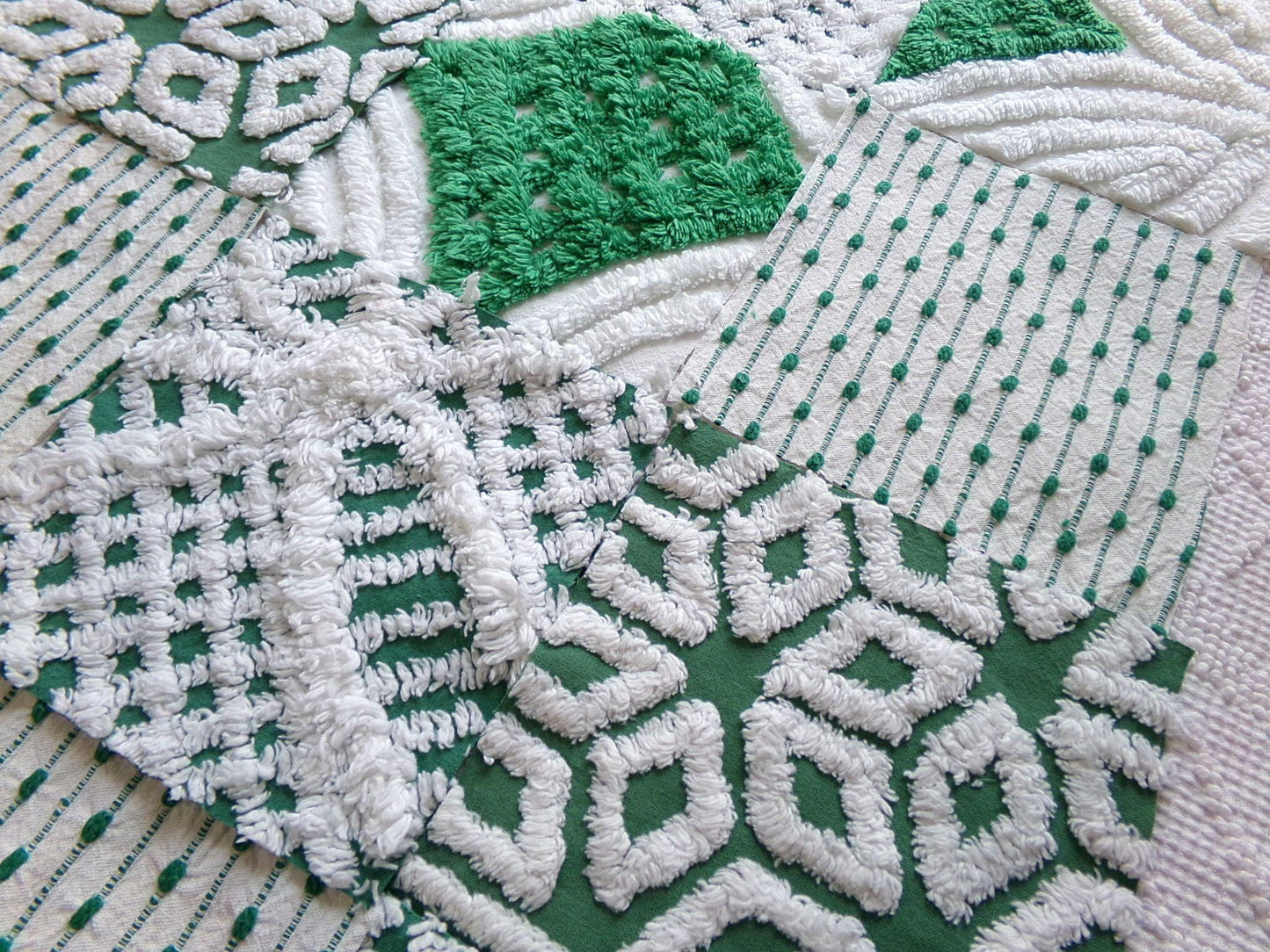 preppy green chenille fabric squares, set of 16 vintage 6" craft blocks, geometric designs for quilt inlays, pillows, fiber arts