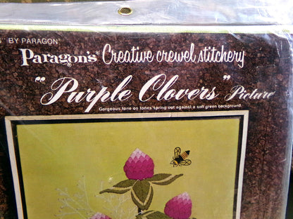 PURPLE CLOVERS Crewel Embroidery Kit, Boho Vintage Paragon Needlecraft Creative Stitchery #0626