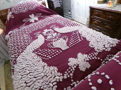 Antique Peacock Chenille Bedspread, Shabby Vintage Victorian Handmade Coverlet in Deep Wine with Snow White Tufting, Full Size Bedding