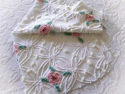 Shabby Cottage Rose Chenille Fabric, Vintage Thin Lightweight Cotton Sewing Material in Pink Florals on White, 21" x 26" inch Piece