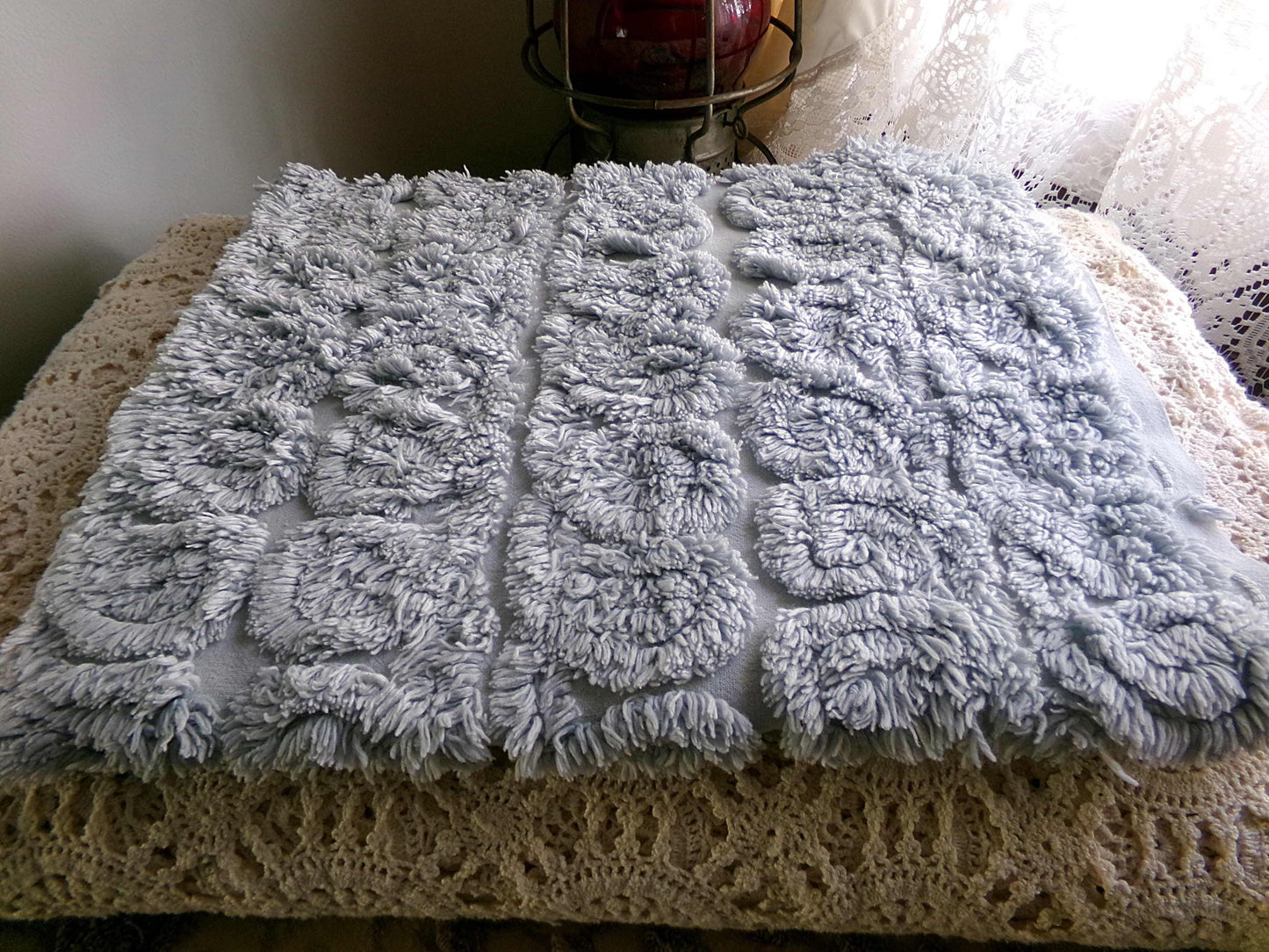 plush looping curlicues vintage chenille fabric, 21" x 24" cut piece in dreamy dusty blue, soft & so pretty