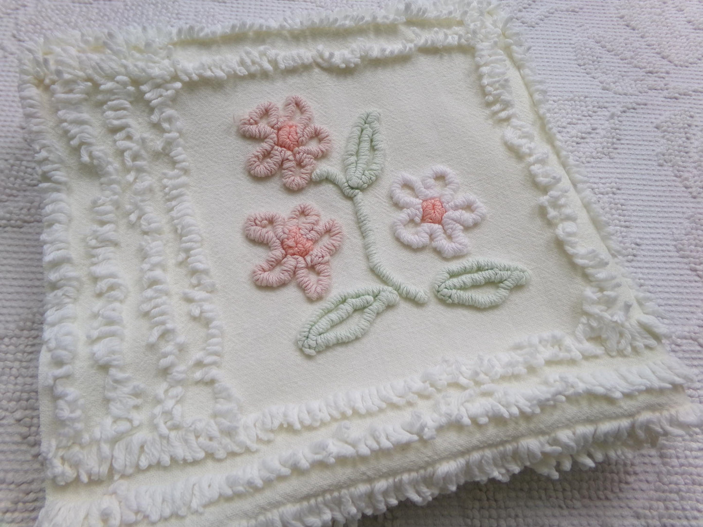 Baby Daisies Vintage Chenille Fabric, Adorable Split Floral Design, 17" x 35" Piece Quilt Sewing Material