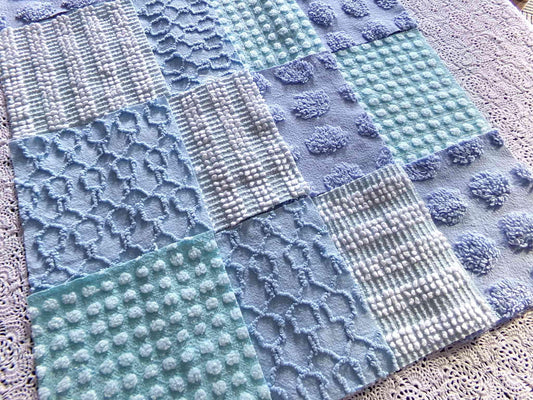lake breeze vintage chenille quilt squares, set of 16 cool blue & aqua cotton 6" quilt blocks for quilting, upcycling into crafts