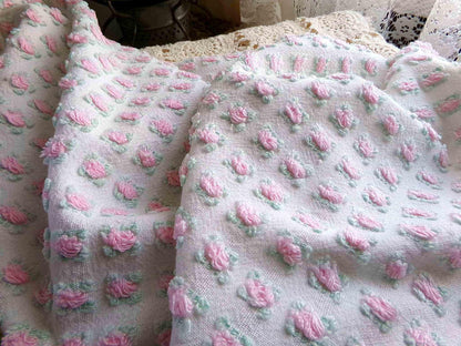 Tiny Tuft Pink Rosebud Vintage Chenille Fabric, 19" x 24" Inch Piece, 100% Lightweight Cotton, Lovely Mini Roses Pattern, Ideal in Quilts