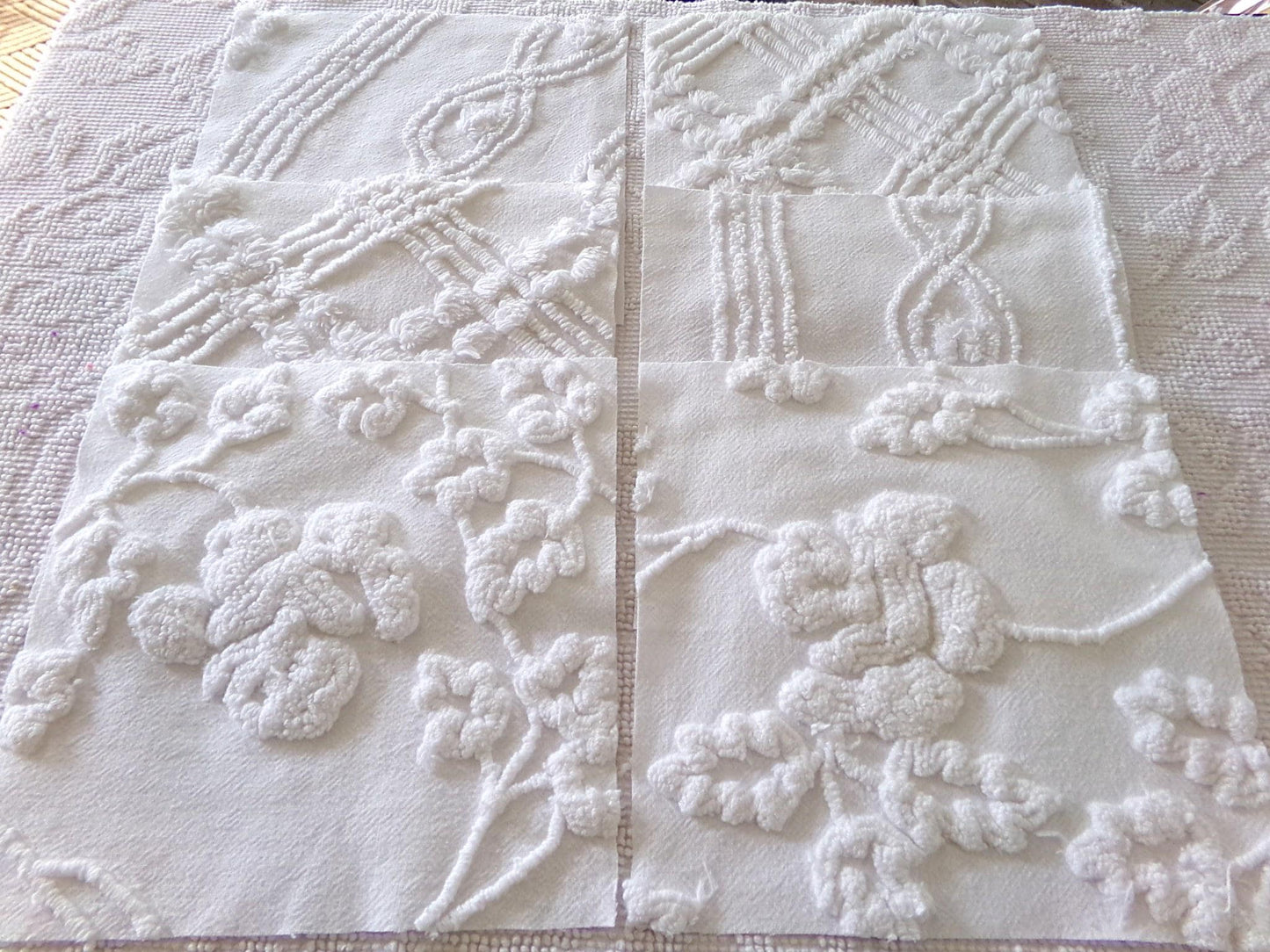 vintage ivy rose chenille fabric squares, 9.5" each, set of 6 white quilt blocks, elegant floral & geometric prints for sewing, crafts