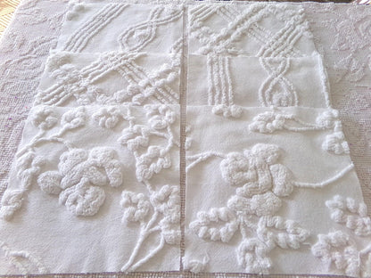 vintage ivy rose chenille fabric squares, 9.5" each, set of 6 white quilt blocks, elegant floral & geometric prints for sewing, crafts