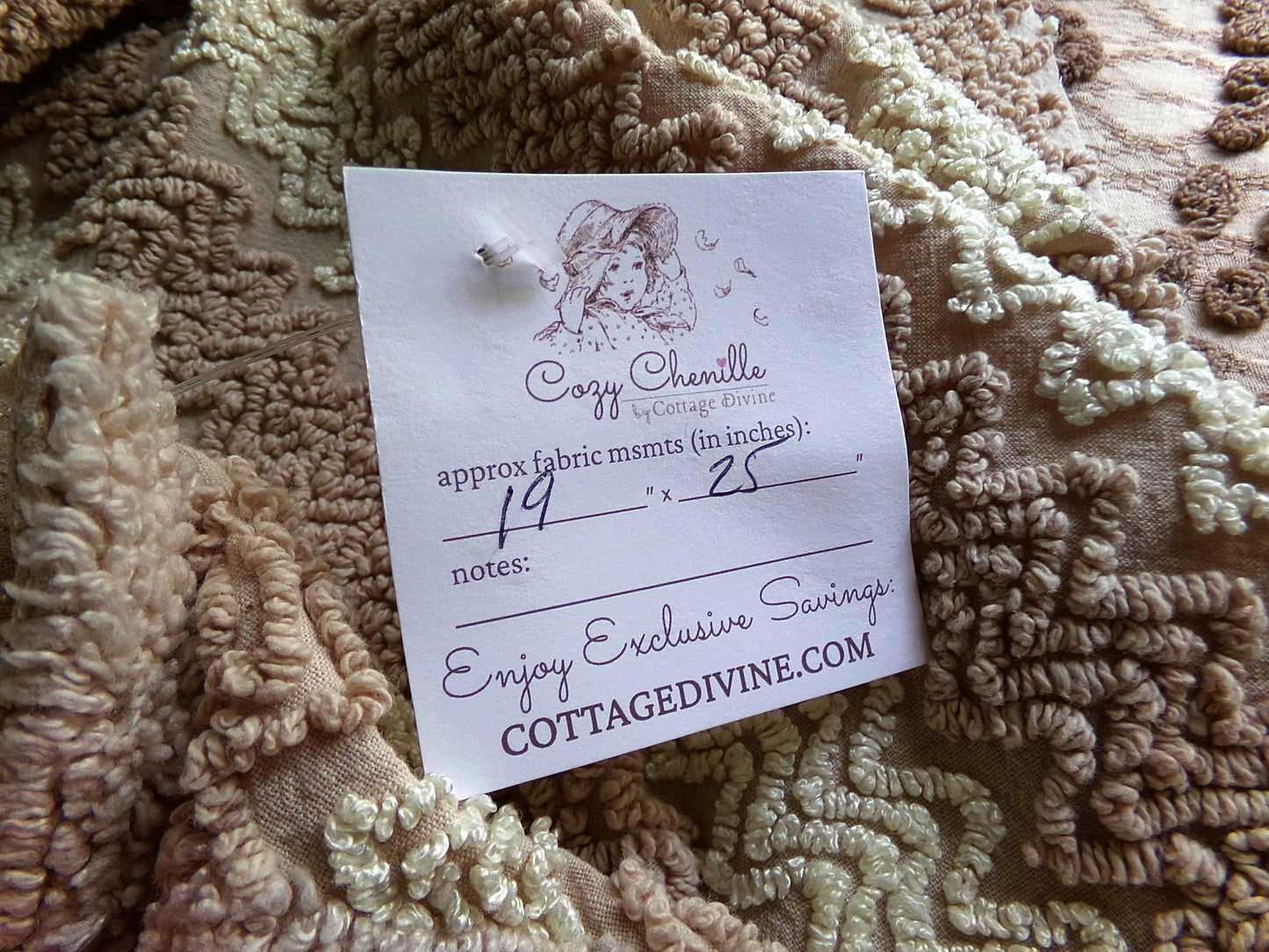 Vintage Chenille Fabric in Toasted Mocha & Vanilla Cream, 19" x 25" inch Piece, Texturized Zig Zags