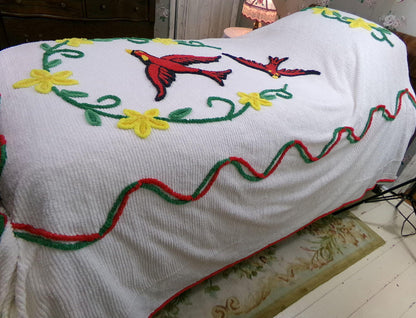 wings of love vintage chenille bedspread, majestic red cardinal birds in a garland of flowers, 100% soft cotton coverlet, full size bedding