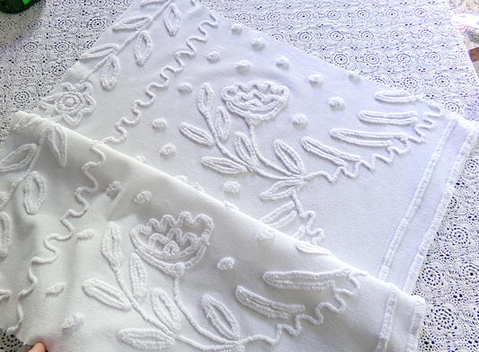 Farmhouse Floral White Vintage Chenille Fabric, 20" x 23" inch Piece, Timeless & Elegant