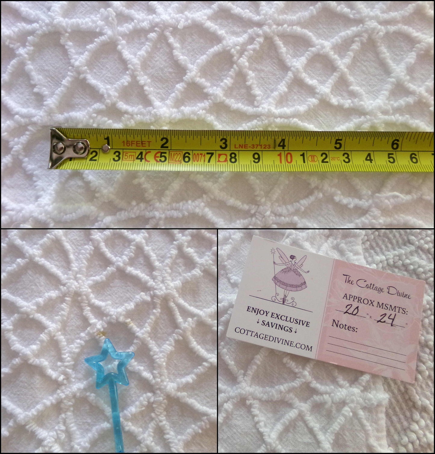 Petite White Eternity Links Vintage Chenille Fabric, 20" x 24" inch Piece, Elegant Lightweight Cotton, Ideal for Handmade Quilts, Crafts