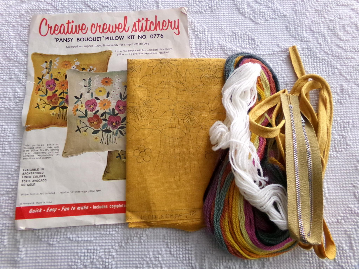 PANSY BOUQUET Pillow Kit by Paragon Creative Stitchery #0776 in Harvest GOLD, Vintage Hippie 1970s Crewel Embroidery, 14" x 14" Square Size