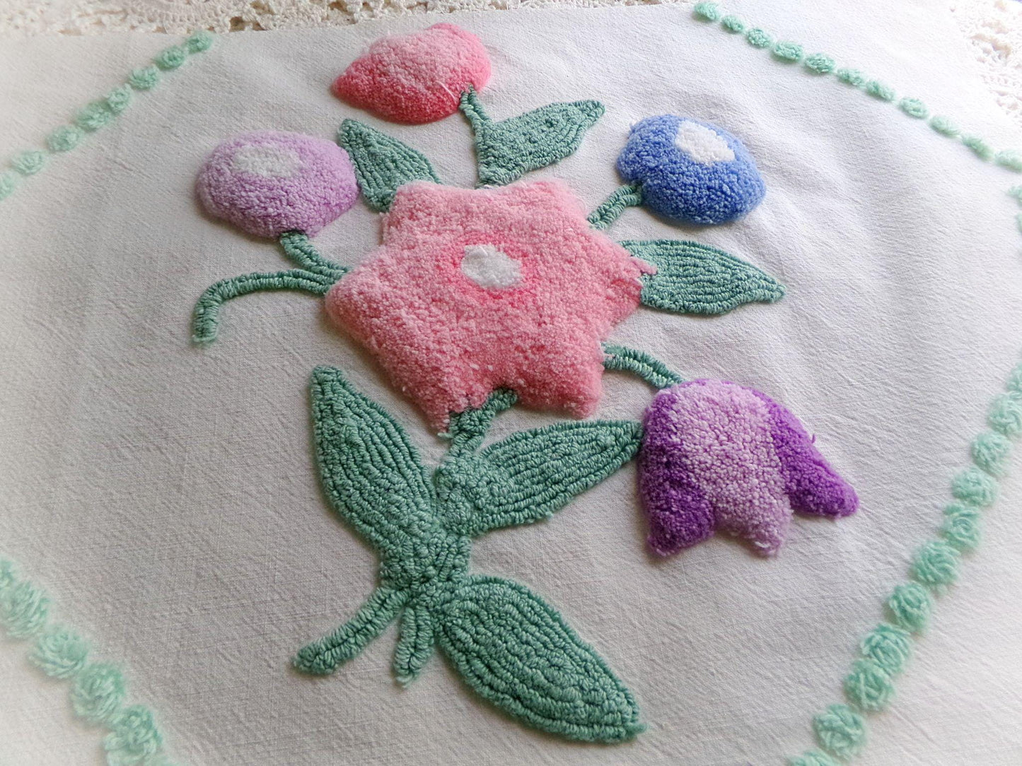 sculpted floral vintage chenille fabric, tulip peony flowers & little green bows, 20" x 25" inch piece of cotton sewing material for pillows