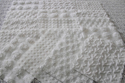 white chenille fabric squares in dynamic textures, coin dots, lattice, mini pop sparkle & squiggles, 16 vintage quilt blocks, 6" x 6" ea