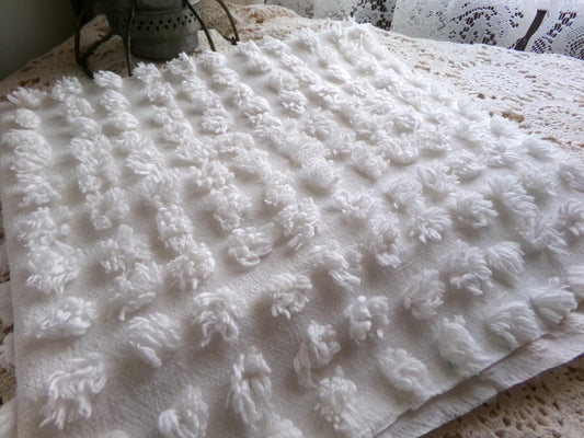little snowball puff pops vintage aged white chenille fabric with loose puffy popcorns, 20" x 24" inch piece of sewing & quilt material