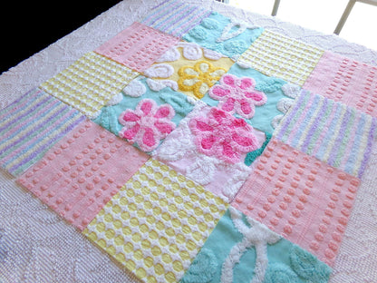 spring spirit chenille fabric squares, set of 16 pretty vintage pastel quilt blocks in rainbow pink, yellow, aqua florals & geometrics