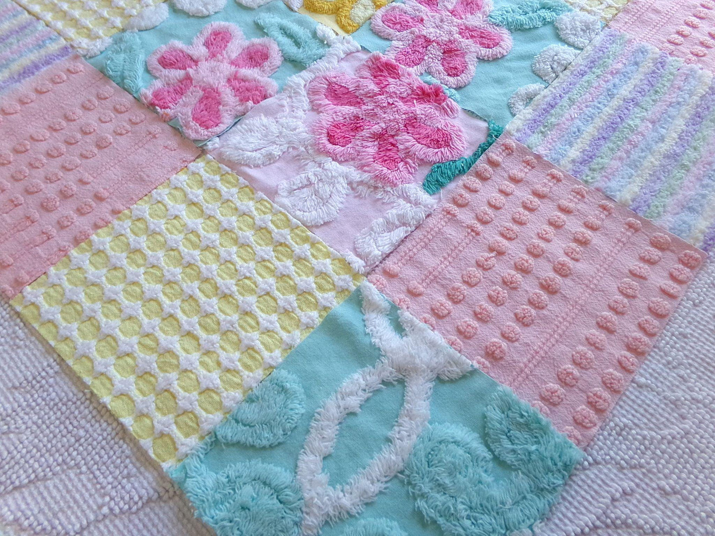 spring spirit chenille fabric squares, set of 16 pretty vintage pastel quilt blocks in rainbow pink, yellow, aqua florals & geometrics