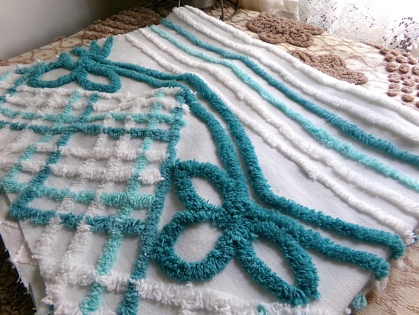 Pretty Vintage Chenille Fabric with Cottage Bow Swags, 24" x 25" inch Piece, 100% Cotton, Tonal Green & White