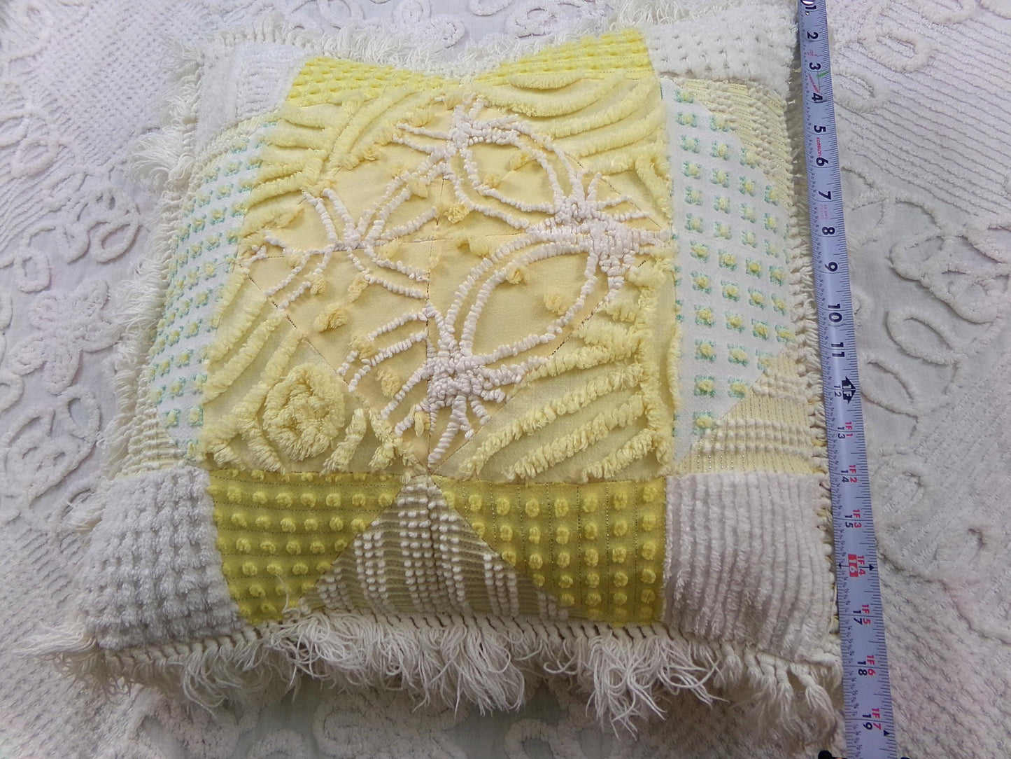 Vintage Chenille Patchwork Pillow | Reversible Mixed Yellow & White Prints, Fringe Accent | Boho Farmhouse Style, 17" x 18" w/ Insert