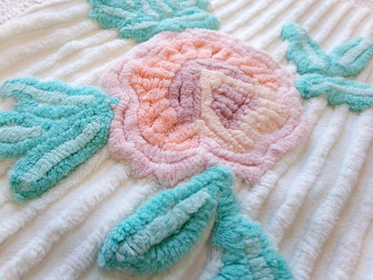 Vintage Chenille Fabric: Single Rose Cotton Sewing Material 23" x 16"