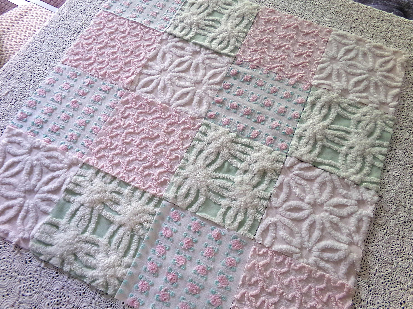 Chenille Squares Set, "Flower Petals," 16 Vintage Fabric Quilt Blocks, 6" inch in White Daisy, Pink Rosebud, Mint Green, Squiggles