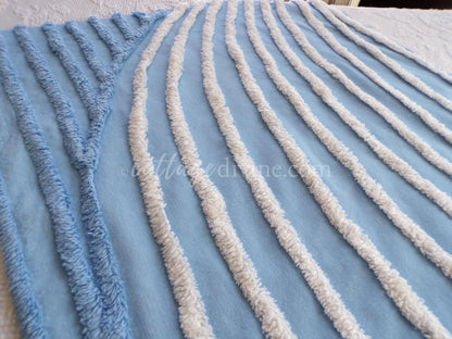 Beach Cottage Blue & White Vintage Chenille Fabric Piece, 19" x 29" inches, Ideal in Quilts and Pillows