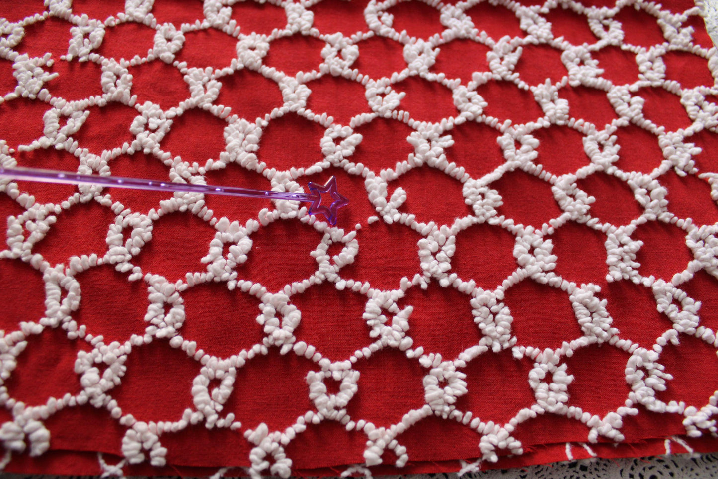 Fabulous Vintage Chenille Bedspread Fabric, Red & White Chain Link Design, 19" x 20" inch Piece, Ultra Lightweight Cotton