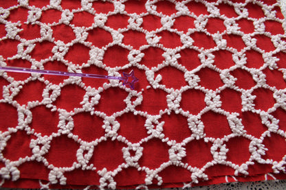 Fabulous Vintage Chenille Bedspread Fabric, Red & White Chain Link Design, 19" x 20" inch Piece, Ultra Lightweight Cotton