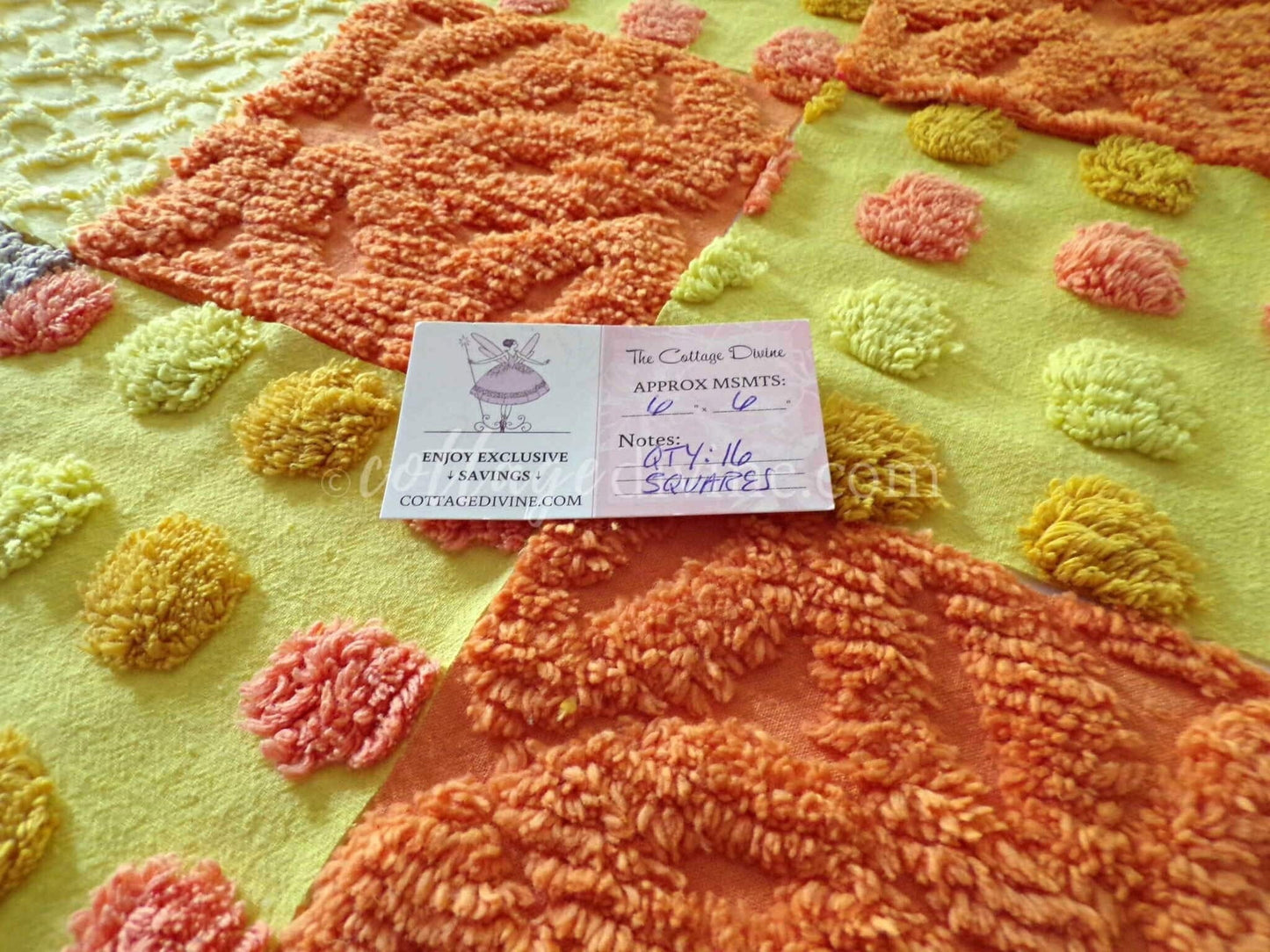 Retro Hippie Quilt Squares Set, from Vintage Chenille Bedspread Fabric, 16 Blocks, 6" x 6" inch