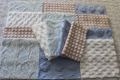 Serene Shores Vintage Chenille Fabric Squares, Blue, White & Sand Craft Square Set, 16 Blocks, 6" x 6" inch, Modern Chic
