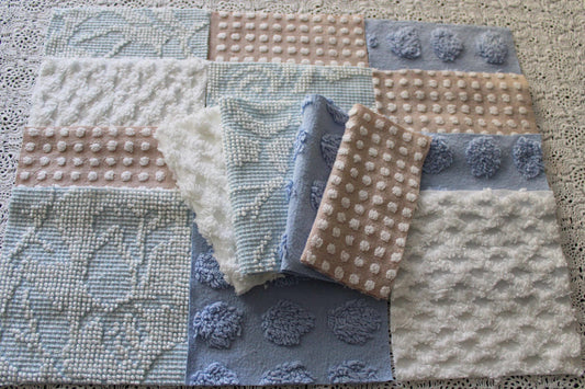 Serene Shores Vintage Chenille Fabric Squares, Blue, White & Sand Craft Square Set, 16 Blocks, 6" x 6" inch, Modern Chic