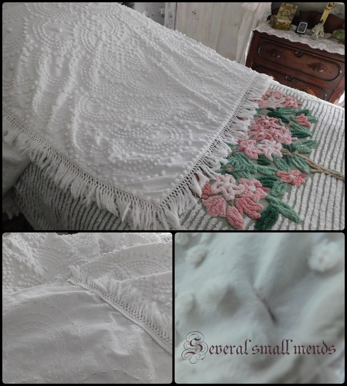 Farmhouse B&B Style Vintage Chenille Bedspread, Antique Handtufted Waterfall Cascade Pops, Full Size White Spread with Fringe