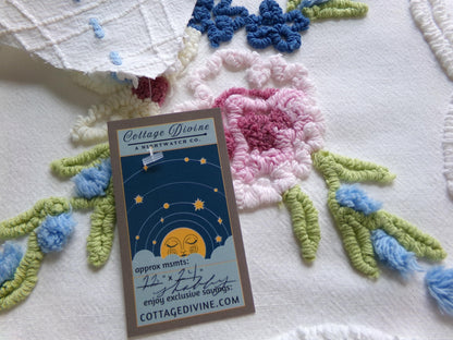 classic shabby style vintage chenille fabric, needletuft florals, blue pops, white cotton material, 22" x 24" piece for sewing, quilting
