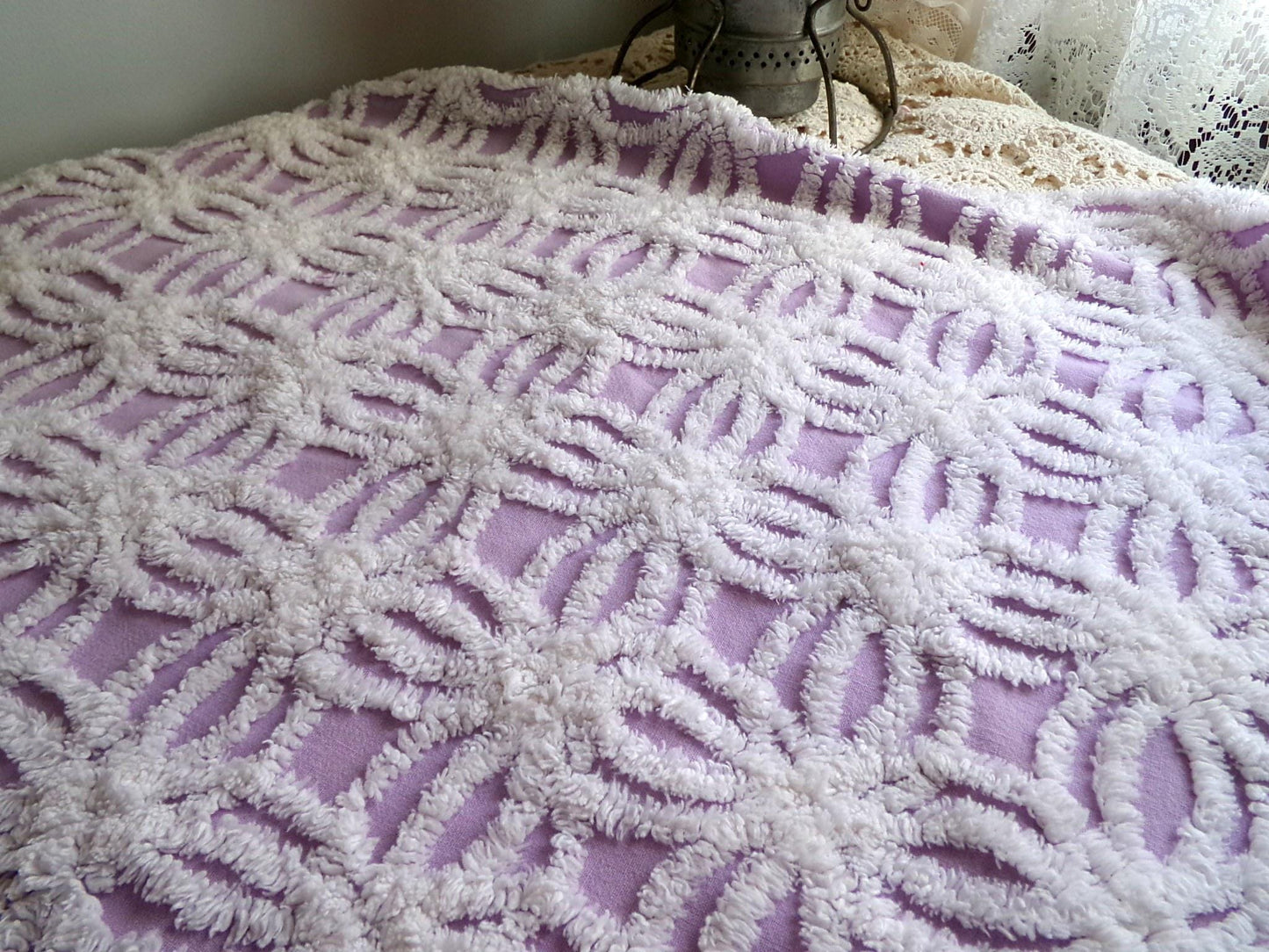 lilac chenille fabric, plush white wedding rings on purple, 18" x 24" inch piece cut from vintage chenille bedspread