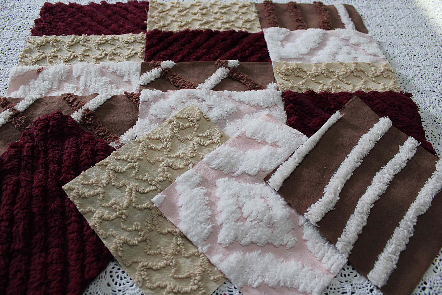 chocolate raspberry chenille fabric squares, 16 vintage quilt blocks, 6" x 6" inches ea, great shades of brown, merlot, mocha, white