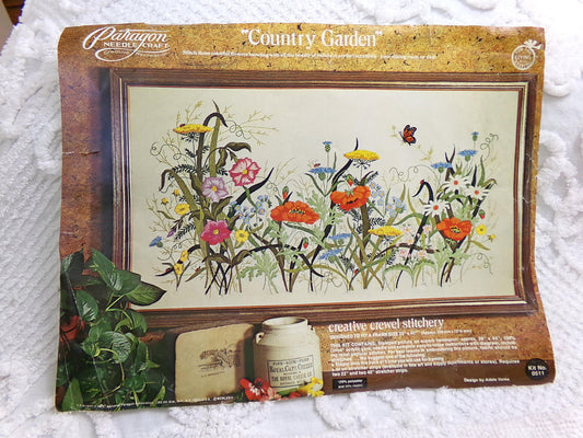 COUNTRY GARDEN Rare Crewel Stitchery Kit, Flower Power Meadow Scene Wall Hanging, Vintage 0511 Paragon Needlecraft Embroidery by Adele Veres