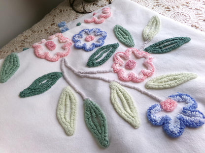 cottage style shabby pink & blue florals vintage chenille fabric, large 24" x 35" inch piece, so pretty for a pillow