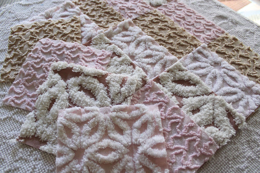 modern mocha pinks chenille fabric squares, set of 16 vintage quilt blocks 6" inches ea, daisy & squiggle texture