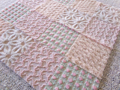 Spring Glow Chenille Quilt Squares Set from Vintage Bedspread Fabric, 16 Blocks, 6" inch ea in pretty daisies, pink rosebuds, peach lattice