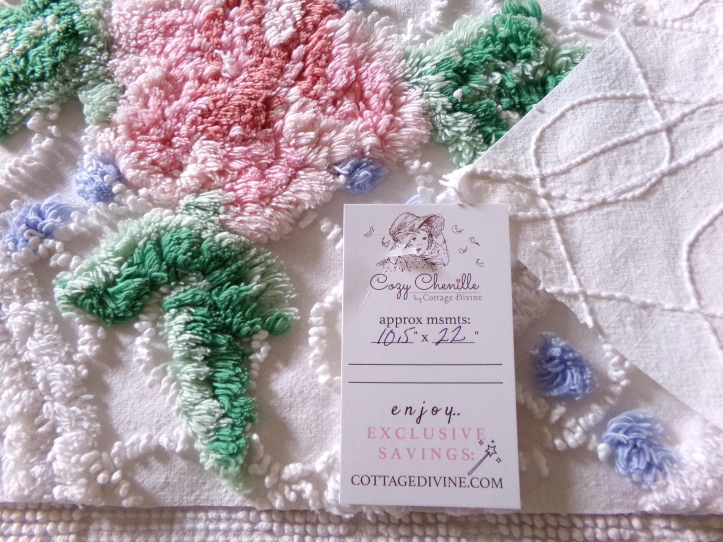 cute plush pink rose fabric piece, vintage tufted chenille cottage style sewing material, 10.5" x 22" inches