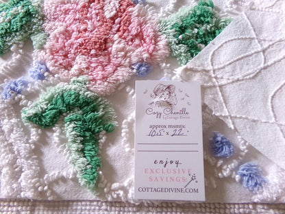 cute plush pink rose fabric piece, vintage tufted chenille cottage style sewing material, 10.5" x 22" inches