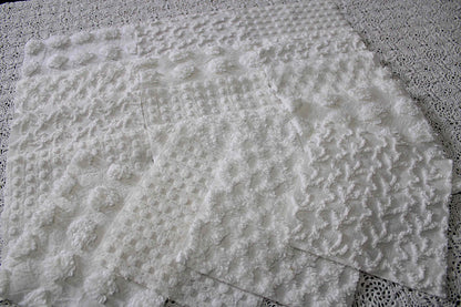 white chenille fabric squares in dynamic textures, coin dots, lattice, mini pop sparkle & squiggles, 16 vintage quilt blocks, 6" x 6" ea