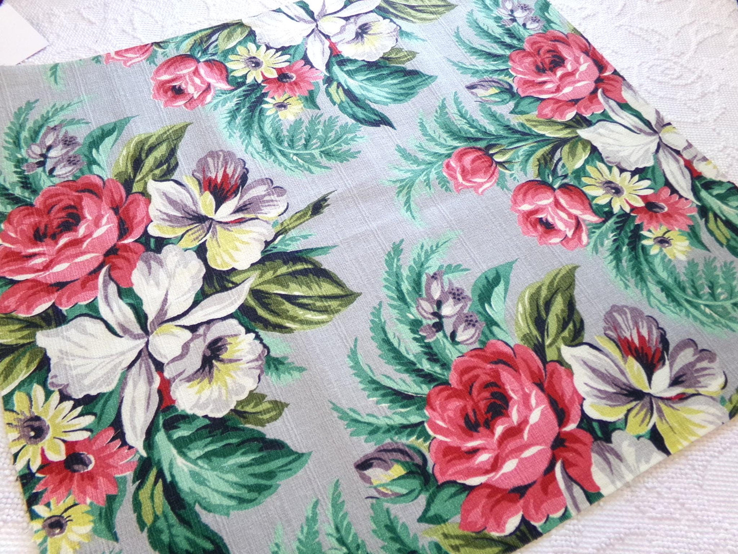 Silver Grey Botanical Vintage Barkcloth Fabric, Tropical Exotic Floral Print, 22" x 24" inches, Ideal Fabric Piece for Pillows