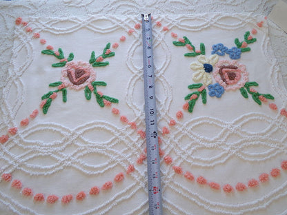 wildflower chenille fabric, vintage floral sewing material on white cotton with peach pops, 23" x 23" piece for handmade quilts & pillows