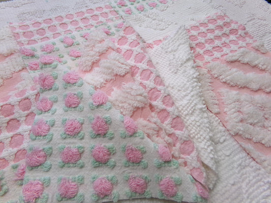 blossom pinks vintage chenille fabric squares, set of 16 quilt blocks, 6" each in pretty pink & white colors