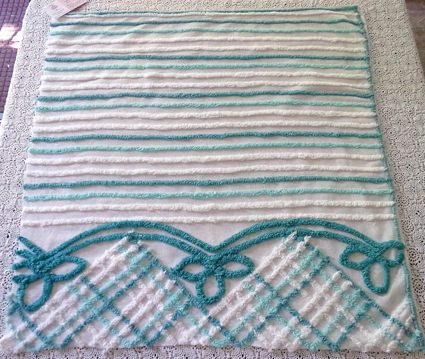 Pretty Vintage Chenille Fabric with Cottage Bow Swags, 24" x 25" inch Piece, 100% Cotton, Tonal Green & White