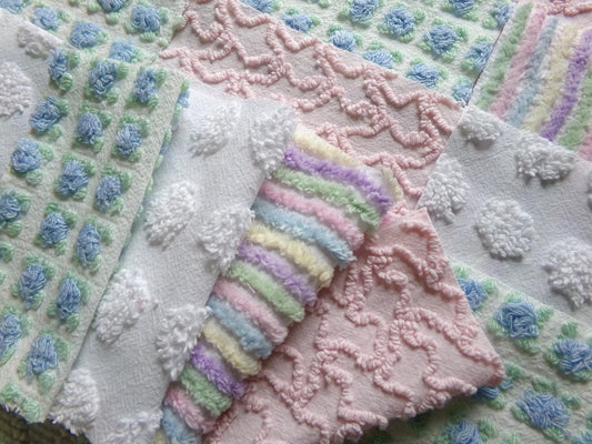 fairy fantasy chenille fabric squares, 16 vintage 6" quilt blocks in pastel rainbow, pink & blue rosebud, for sewing, crafts, fiber arts