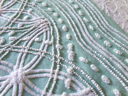 spiderweb jade green vintage chenille fabric, unique texturized web pattern on this 18" x 23" inch piece of sewing material