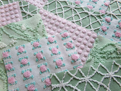 secret garden chenille fabric squares, 16 vintage 6" quilt blocks in pink & green, for sewing, crafts, fiber arts