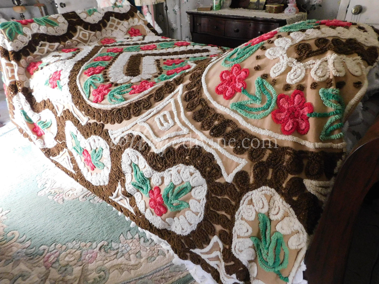 Chocolate Cherry Heart Cake Midcentury Vintage Chenille Bedspread, Cotton, Full Size