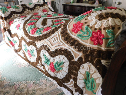 Chocolate Cherry Heart Cake Midcentury Vintage Chenille Bedspread, Cotton, Full Size